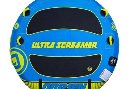 Blue and yellow inflatable water tube labeled 'Ultra Screamer' with handles.
