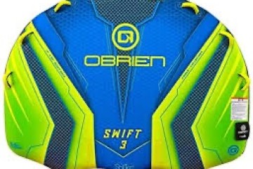 Blue and green water sports inflatable labeled 'OBRIEN' and 'SWIFT 3' with decorative patterns.