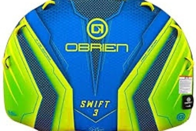 Blue and green O'Brien inflatable water tube with handles, labeled 'Swift 3'.