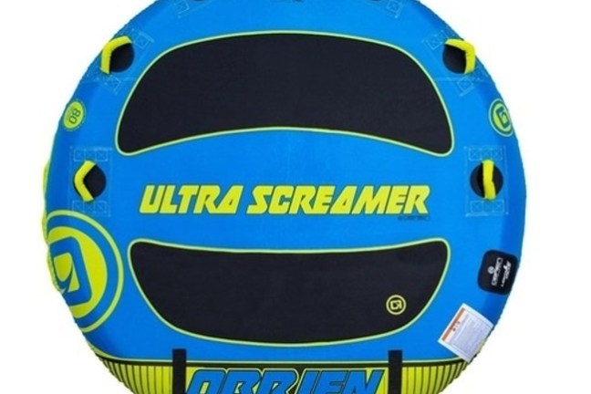 Round inflatable tube labeled 'ULTRA SCREAMER' in blue and yellow.
