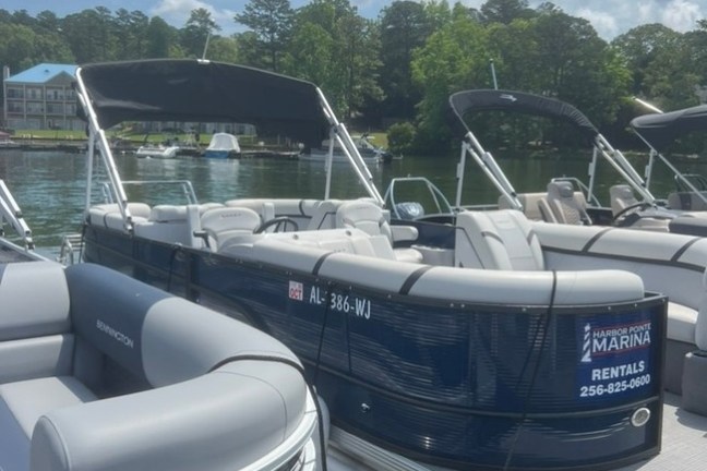 Pontoon boats docked at a marina with trees and cloudy sky in the background.